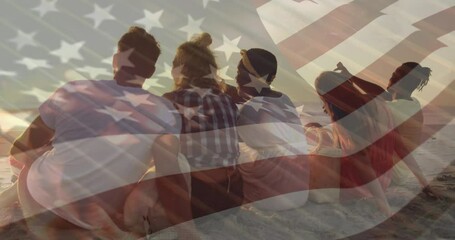 Poster - Animation of diverse friends at beach over flag of usa