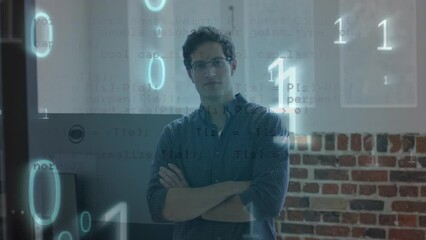 Poster - Animation of binary codes and computer language over caucasian man standing arms crossed in office