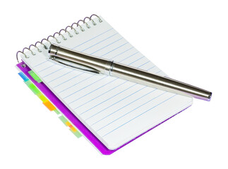 Wall Mural - Notebook with spiral and pen, isolated on blank background.