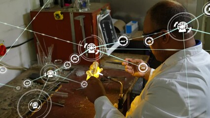 Poster - Animation of network of connections and data processing over biracial male scientist
