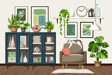 Wall Mural - Living room interior design with blue bookcases, an armchair, a bookshelf, paintings, and houseplants. Cozy room interior design. Cartoon vector illustration