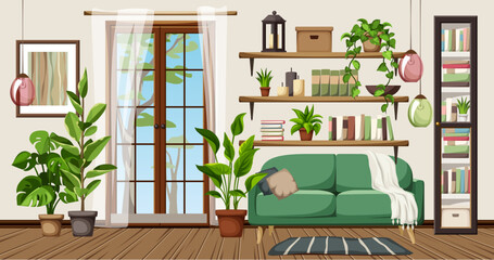 Poster - Living room interior design with French doors, a green sofa, bookshelves, a bookcase, and houseplants. Cozy room interior design. Cartoon vector illustration