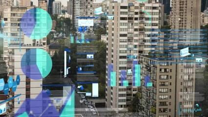 Poster - Animation of graphs, trading board and loading circles over modern buildings in background
