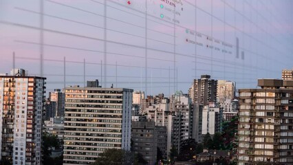 Poster - Animation of multiple graphs and trading boards over modern city against clear sky