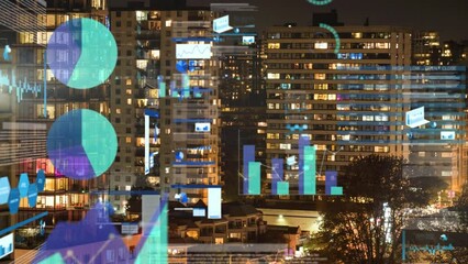 Poster - Animation of multiple graphs and loading circles over illuminated modern buildings in background