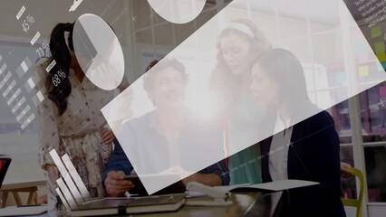 Poster - Animation of white colored infographic over diverse coworkers sharing ideas on digital tablet