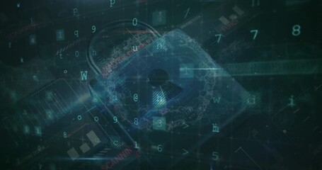 Poster - Animation of texts, letters, numbers, symbols over padlock against abstract background