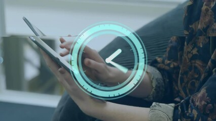 Poster - Animation of neon ticking clock over mid section of a businesswoman using digital tablet at office