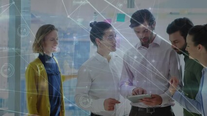 Poster - Animation of network of connections against diverse businesspeople discussing together at office