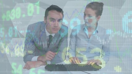 Poster - Animation of stock market data processing over diverse businesman and busineswoman using computer