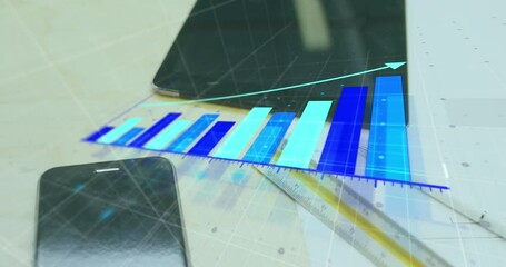 Poster - Animation of statistical data processing against close up of office equipment on a table