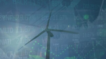 Poster - Animation of financial and stock market data processing over spinning windmill against blue sky