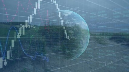 Poster - Animation of financial and stock market data processing over globe against grassland