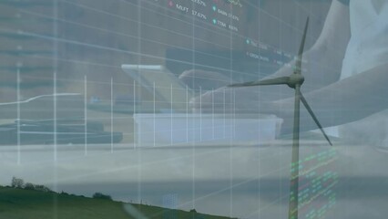 Poster - Animation of stock market data processing over spinning windmill against woman using digital tablet