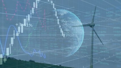 Poster - Animation of financial and stock market data processing over globe against spinning windmill