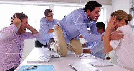 Poster - Animation of triangles over diverse excited and angry coworkers arguing with each other in office