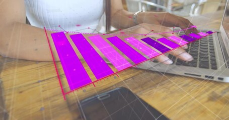 Poster - Animation of graphs over grid pattern over low angle view of biracial woman working on laptop