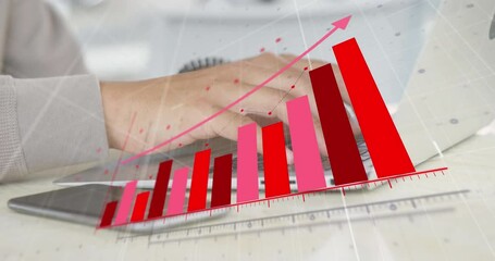 Poster - Animation of arrow on graphs over grid pattern against midsection of man working on laptop