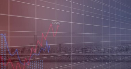 Poster - Animation of multiple graphs with changing numbers over modern cityscape against sky