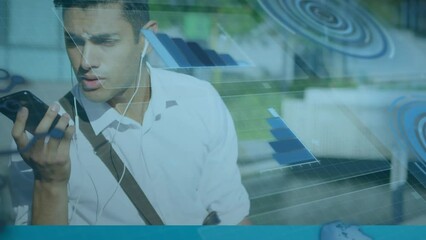 Poster - Animation of graphs, globe and circles over biracial man talking on cellphone wearing headphone