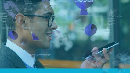 Poster - Animation of globes, graphs and computer language over biracial man talking on speaker of cellphone