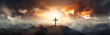 canvas print picture - Kreuz Jesu Christi. Ostern, Auferstehungskonzept. Christliches Kreuz auf einem Hintergrund mit dramatischer Beleuchtung, farbenfrohem Sonnenuntergang in den Bergen, Wolken und Himmel Generative AI