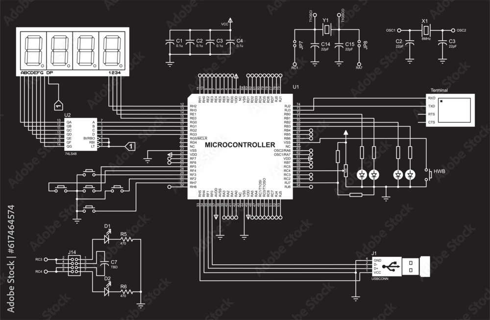 Connection of peripheral devices (terminal, keyboard, lcd display, usb ...