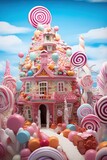 Fototapeta  - Generative AI illustration of a sweet and magical world with candy land landscape and gingerbread fantasy house