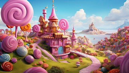 Generative AI illustration of a sweet and magical world with candy land landscape and gingerbread fantasy house