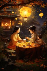 Wall Mural - Generative AI illustration of Mid Autumn Festival, family, warm and sweet