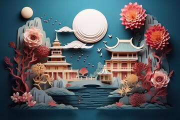 Wall Mural - Generative AI illustration of chinese festival on color background with asian elements. Mid Autumn, Tet Holiday and Lunar New year holiday