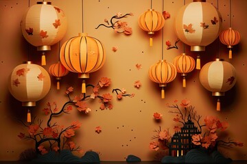 Wall Mural - Generative AI illustration of chinese festival on color background with asian elements. Mid Autumn, Tet Holiday and Lunar New year holiday