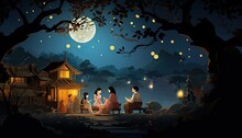 Generative AI Illustration Of A Rural Setting During The Mid Autumn Festival. Show A Family Sitting Outside Their Traditional House, Sharing Moon Cakes And Stories Under A Tree