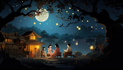 generative ai illustration of a rural setting during the mid autumn festival. show a family sitting 