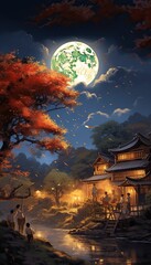 Wall Mural - Generative AI illustration of a rural setting during the Mid Autumn Festival. Show a family sitting outside their traditional house, sharing moon cakes and stories under a tree