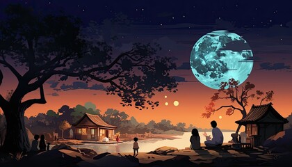 Wall Mural - Generative AI illustration of a rural setting during the Mid Autumn Festival. Show a family sitting outside their traditional house, sharing moon cakes and stories under a tree