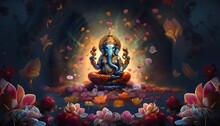 Generative AI Illustration Of Ganesha Hindu God, With Flowers, Oil Painting Taken Up Into Heaven, Sitting In Front Of Bokeh Mandala Background