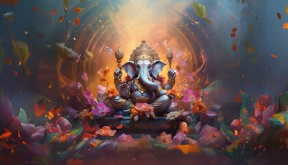 generative ai illustration of ganesha hindu god, with flowers, oil painting taken up into heaven, si