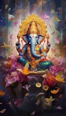 Wall Mural - Generative AI illustration of Ganesha Hindu God, with flowers, oil painting taken up into heaven, sitting in front of bokeh mandala background