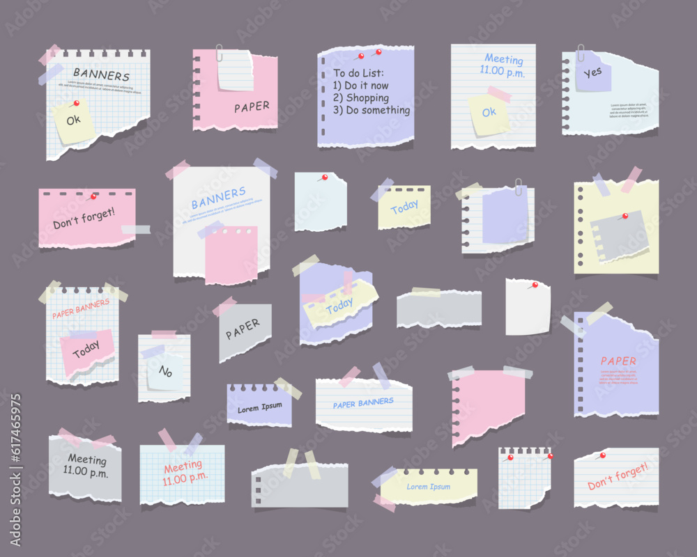 Paper sticky notes, memo messages, notepads and torn paper sheets ...
