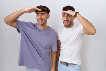 Canvas Print - Homosexual gay couple standing over white background very happy and smiling looking far away with hand over head. searching concept.