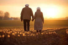 An Elderly Couple Holding Hands Walks Through The Field At Sunset. Photorealistic Illustration Of Generative AI.