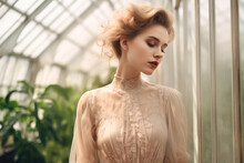 A Beautiful Young Woman In A Lace Dress In An Old Victorian Greenhouse. Photorealistic Illustration Of Generative AI.