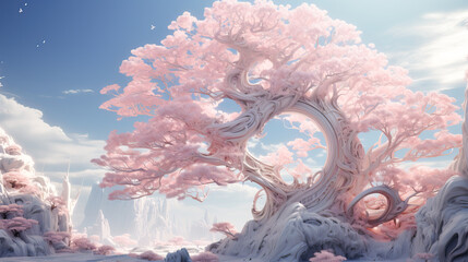 Sticker -  Illustration of a fantasy landscape old tree with pink leaves. Generative AI.