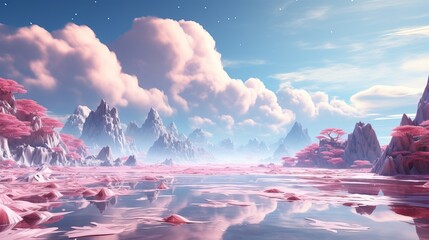 Sticker -  Illustration of a fantasy landscape mountain river against a blue sky with pink clouds. Generative AI.