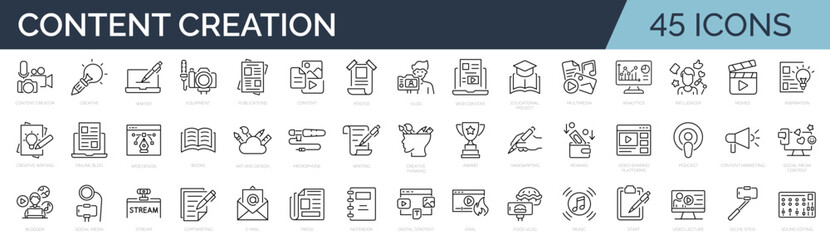 set of outline icons related to content creation, media. linear icon collection. editable stroke. ve