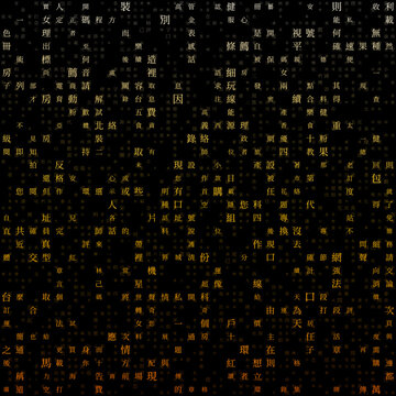 Letters Grid background. Random Characters of Chinese Traditional Alphabet. Gradient matrix pattern. Amber color theme backgrounds. Tileable horizontally. Attractive vector illustration.