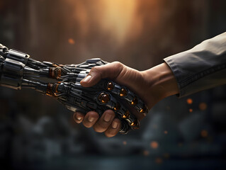 Wall Mural - Handshake between a cyber hand hand a human hand - Technologies and artificial intelligence concept