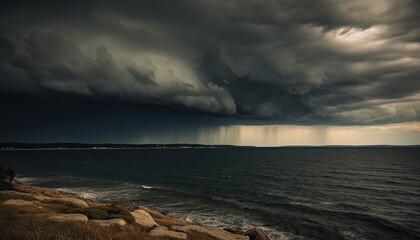 Poster - Moody sky over tranquil seascape at dusk generated by AI