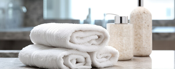 Stack of towels in bathroom countertop. generative ai